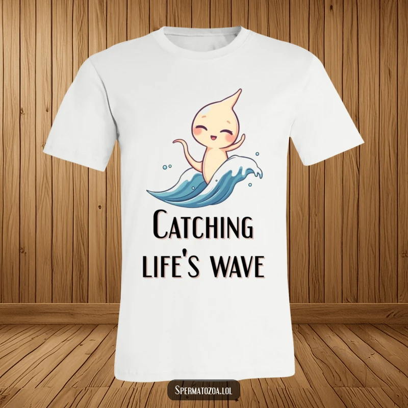 Funny sperm character t-shirt design, winking while surfing a microscopic wave, adventurous and humorous.