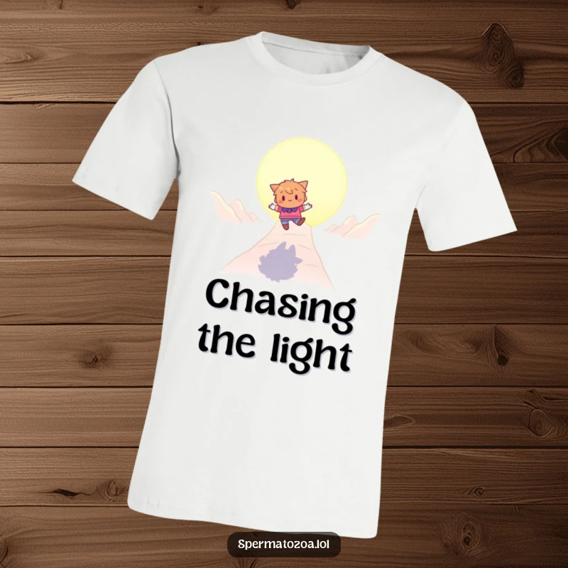 Funny t-shirt with a character playfully bouncing towards a glowing destination, celebrating the journey with humor.