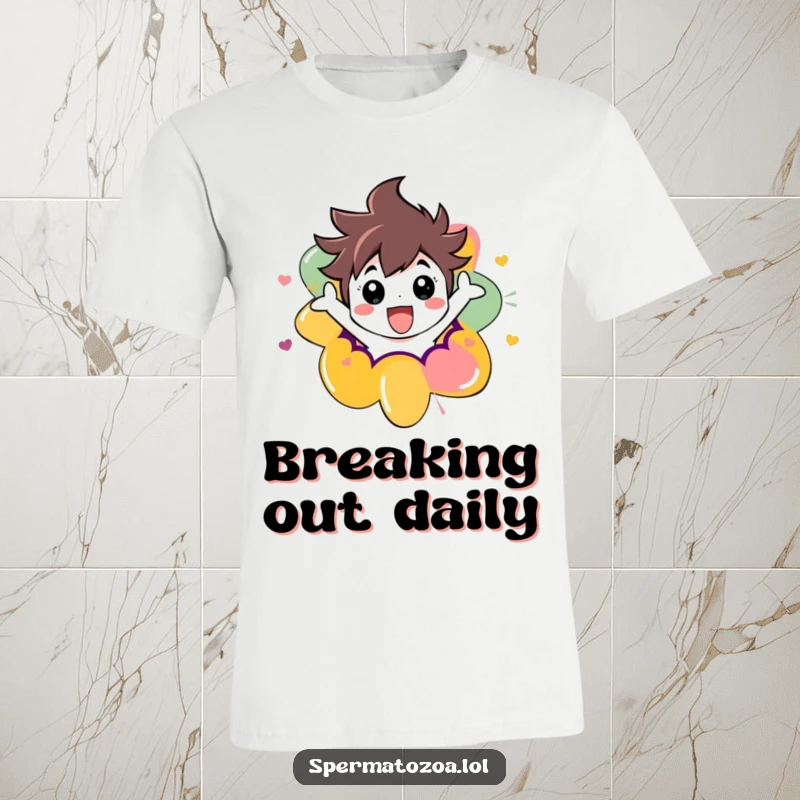 Funny t-shirt showcasing a vibrant character joyfully bursting out of a chaotic, colorful abstract shape, perfect for expressing exuberance.