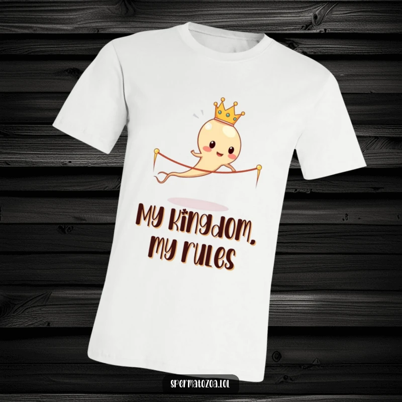 Funny sperm cell king in crown humorously skipping rope made of sperm tails, a vibrant, comical t-shirt design.