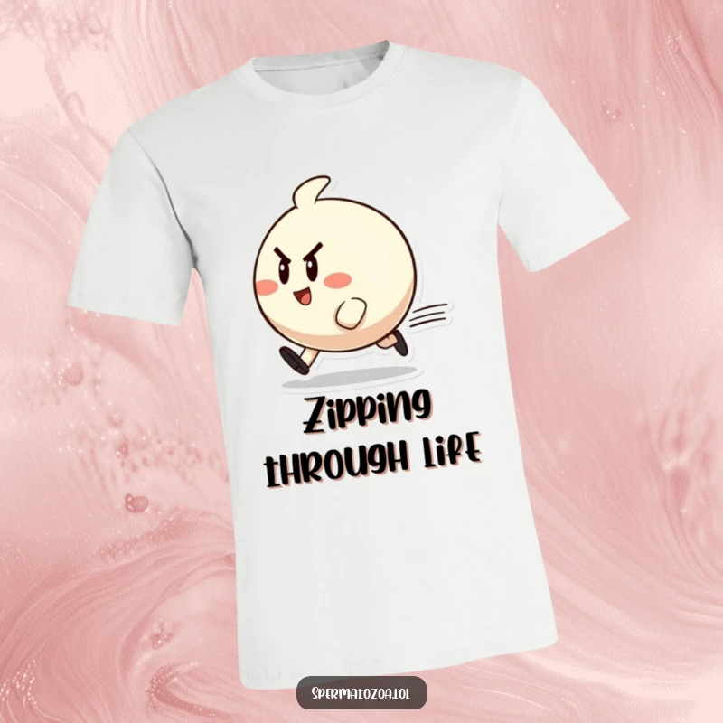 Funny t-shirt with a small, round character zipping past, showcasing a determined and cheerful spirit for active people.