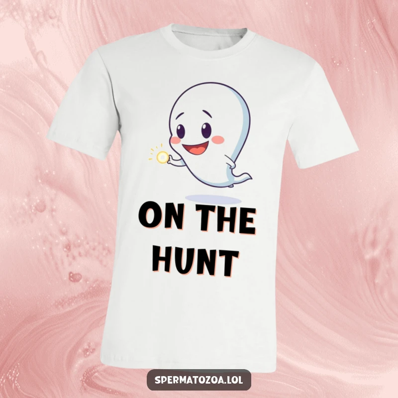 Funny t-shirt with a sperm character sporting a goofy grin, comically chasing a bright luminous dot, depicting determination and silliness.