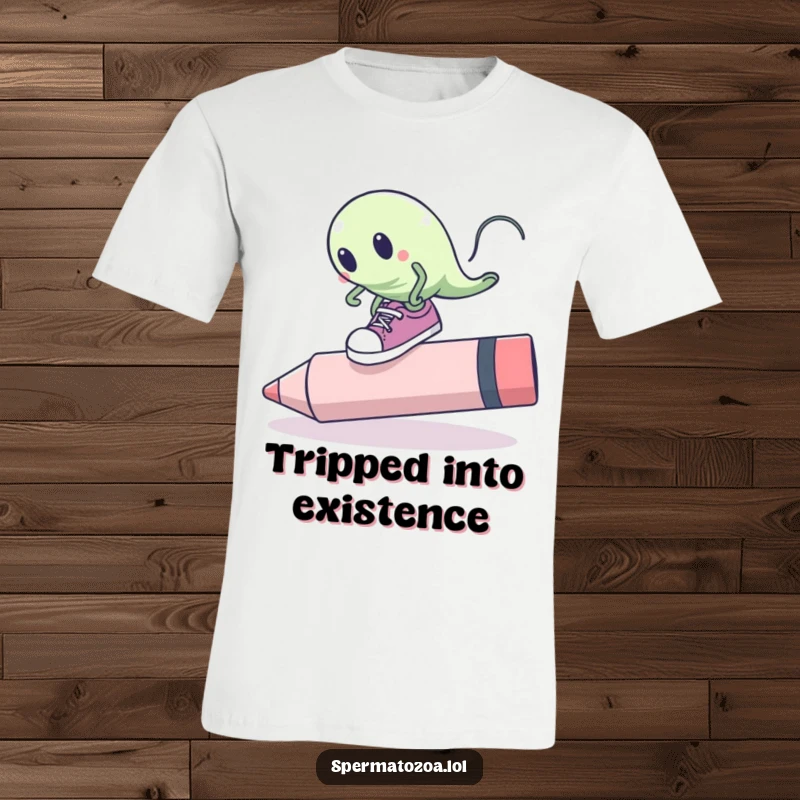 Funny sperm cell t-shirt of a sperm with oversized shoes tripping over a giant pink eraser, highlighting comical misfortune.