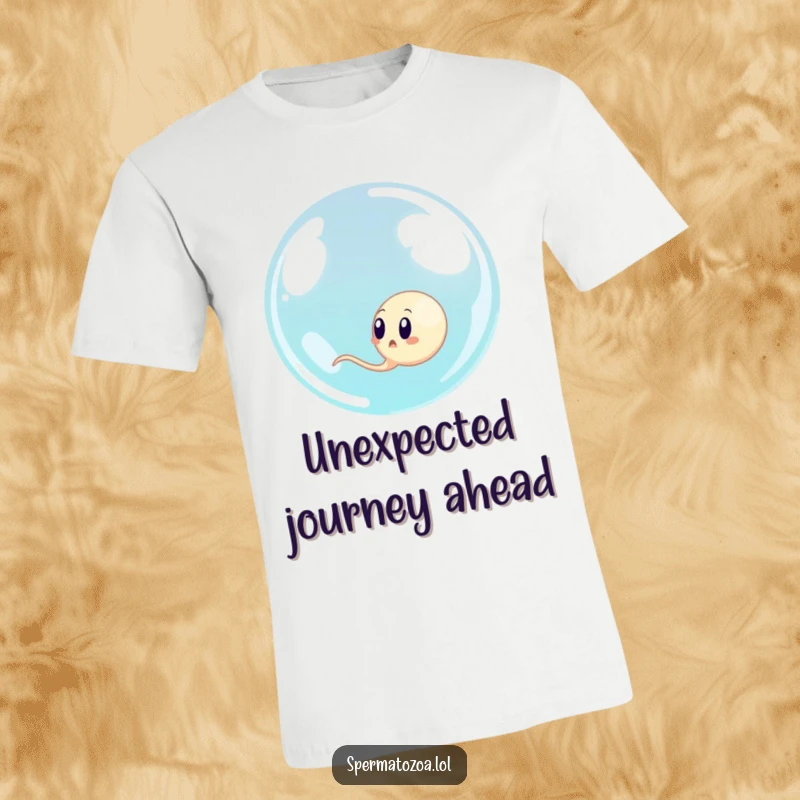Funny single sperm cell surprised by a giant floating bubble engulfing it, a comical t-shirt design.