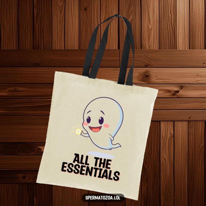 Funny tote bag featuring a sperm character with an exaggerated goofy grin, eagerly chasing a luminous dot, practical and amusing.