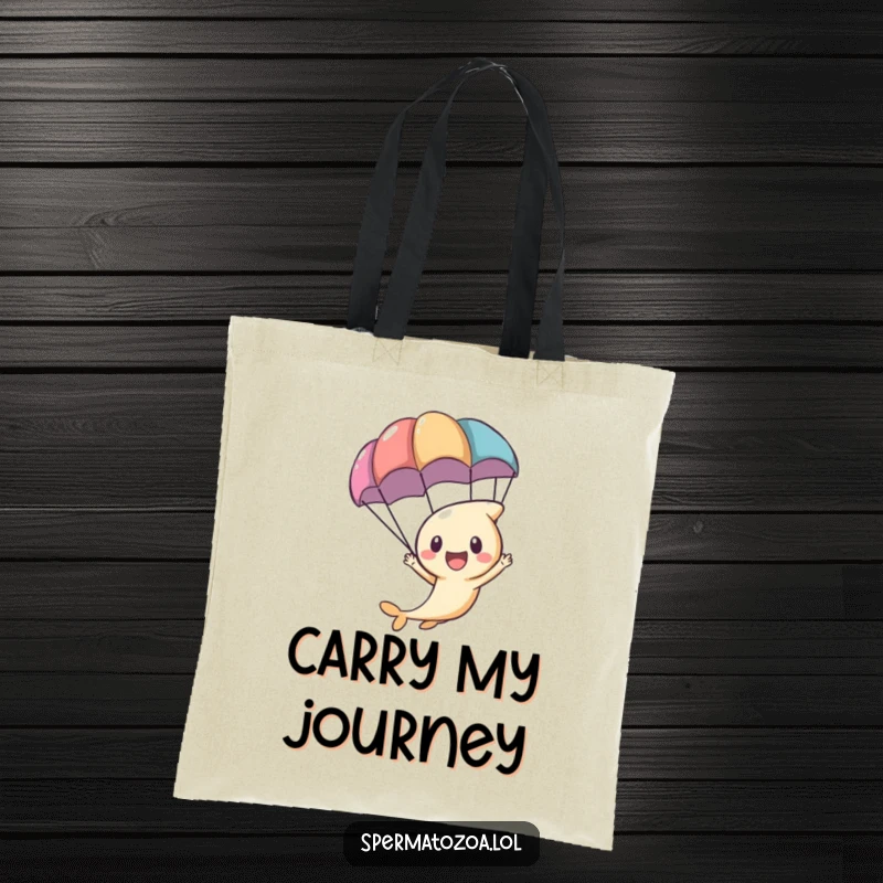 Funny tiny sperm character zooming with a parachute, on a practical tote bag for adventurous errands.
