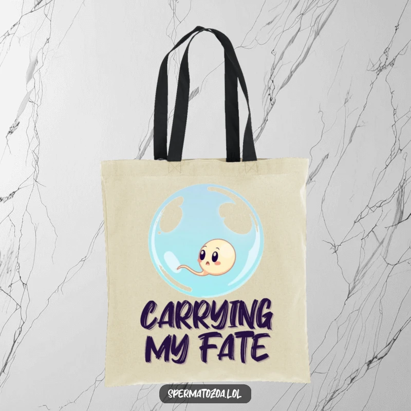 Funny sperm cell surprised by a giant bubble, a humorous and practical tote bag for everyday use.
