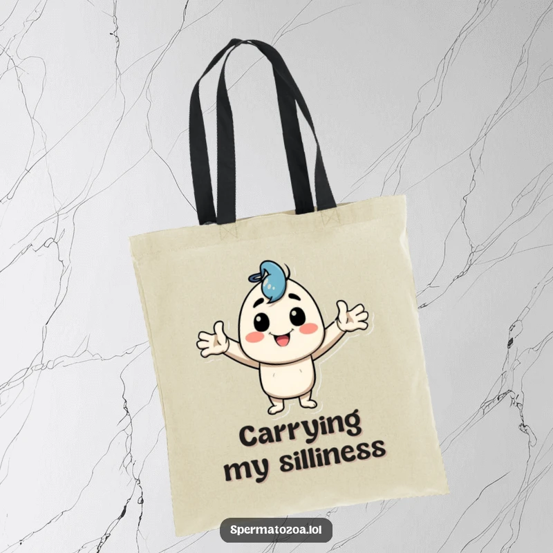 Funny Tote Bag with a happy character striking a goofy pose with arms wide, perfect for carrying essentials with humor.