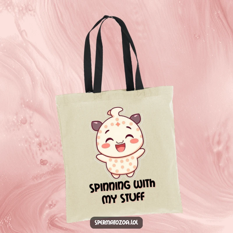 Funny dotted character tote bag, smiling and spinning gleefully, a humorous and practical accessory for everyday.