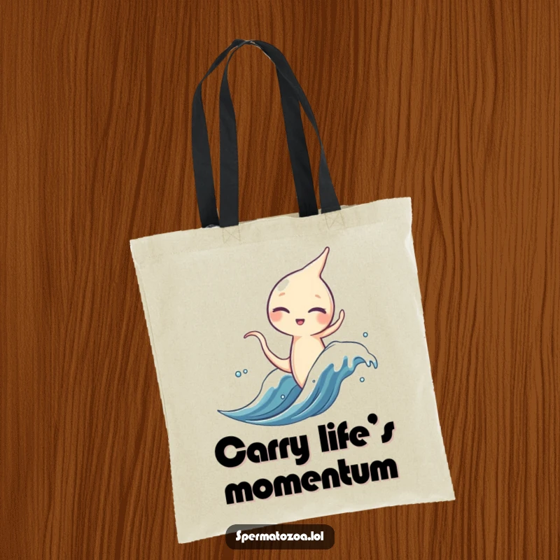 Funny sperm character tote bag, winking and surfing a microscopic wave, practical and adventurous.