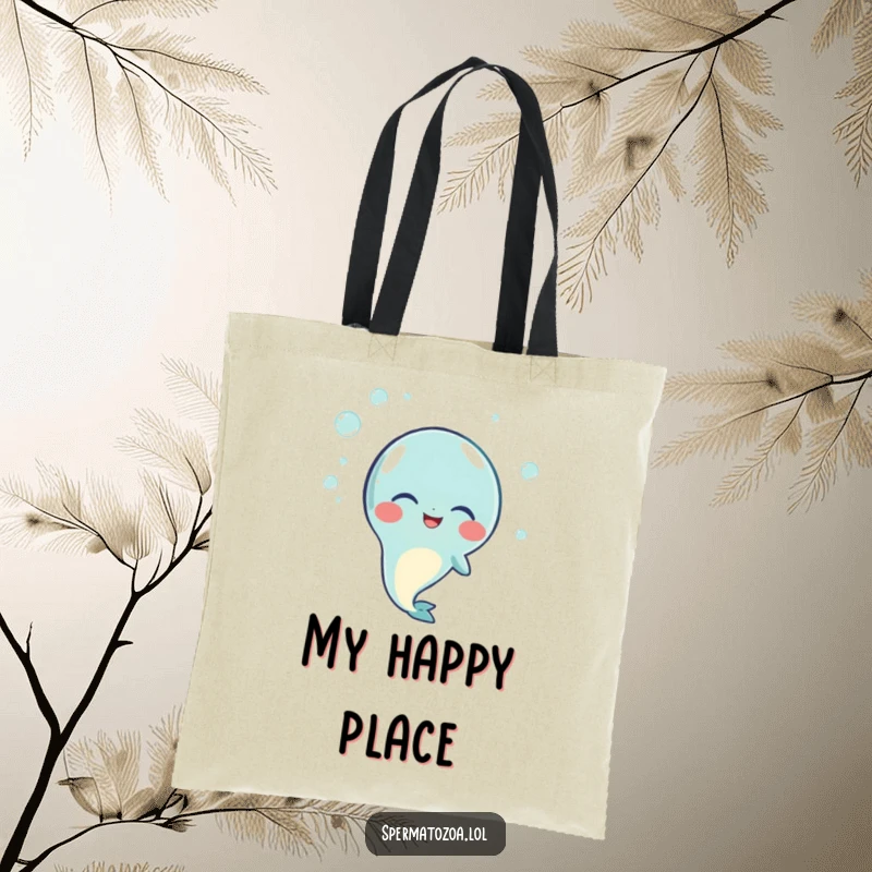 Funny tote bag showcasing a sperm character giggling uncontrollably, with small bubbles floating all around, adding a whimsical touch.