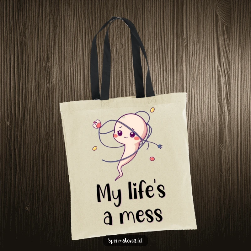 Funny sperm character tote bag, comically tangled in a tiny strand, perfect for carrying essentials.